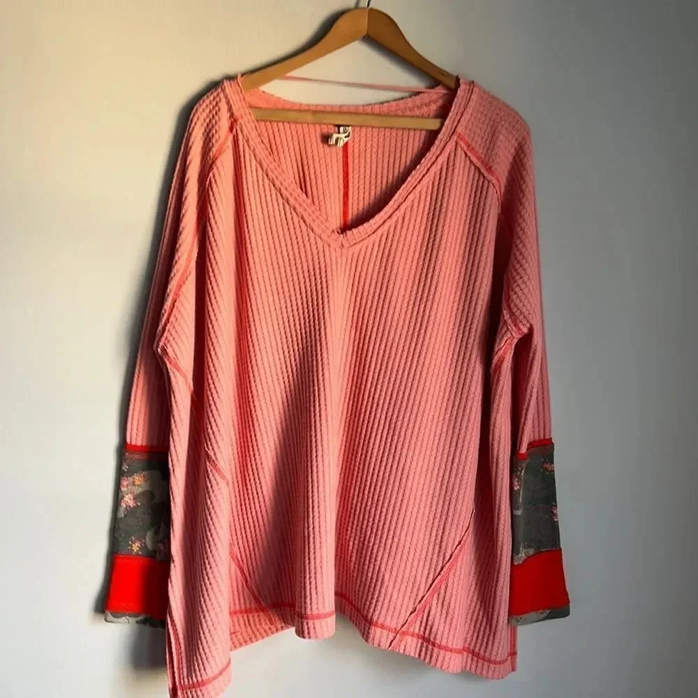 Free People We The Free Peach Thermal Lovin Leopard Thermal Top Print Cuffs